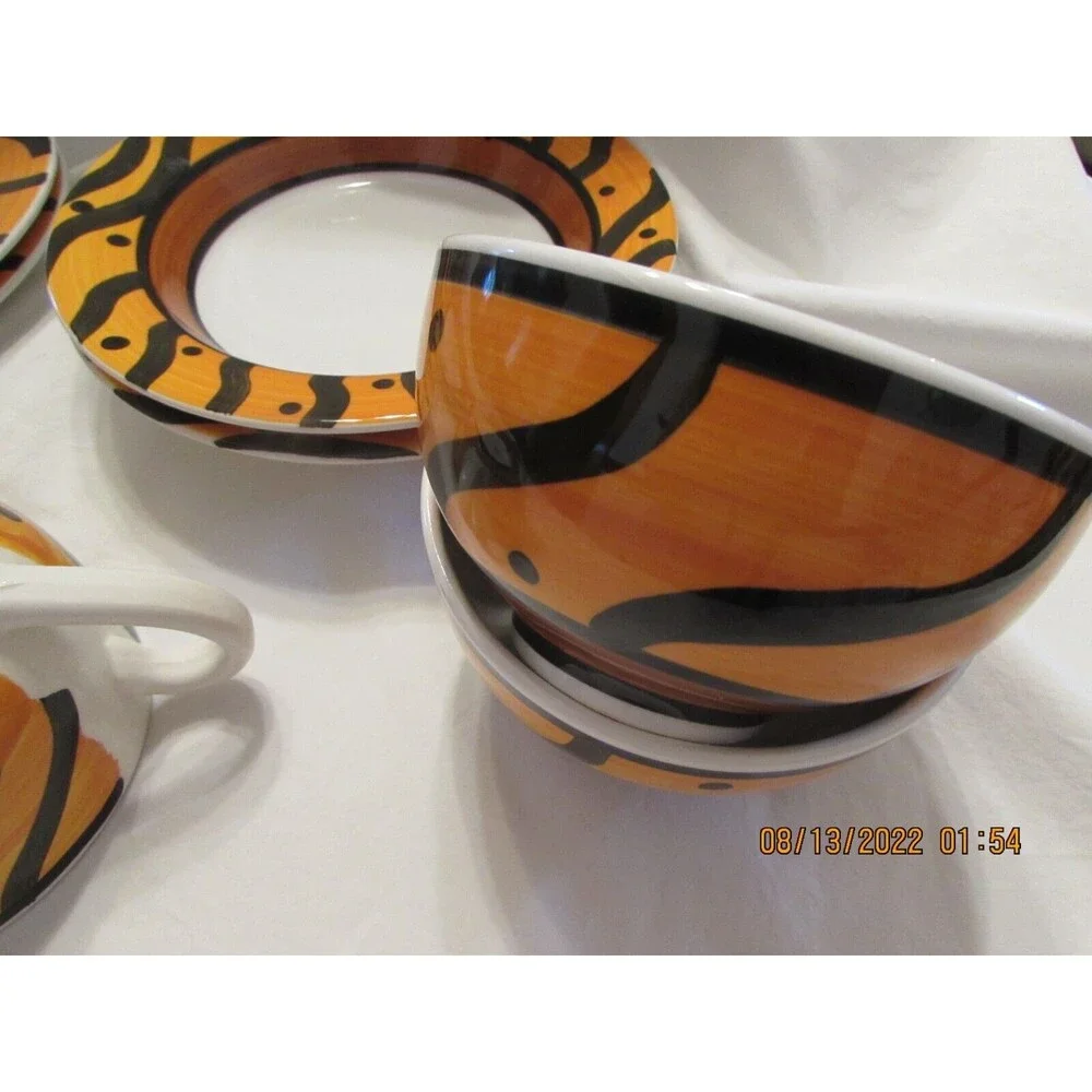 PIER 1 PLATES BOWLS CUPS ORANGE DOT BLACK HAND PAINTED ITALY PLACE SETTING FOR 2